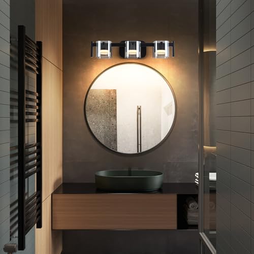 Image of MantoLite 3-Light Black LED Bathroom Vanity Light with Glass Shades | 3 Color Temperatures LED Bathroom Lighting Fixture Over Mirror, 15W 900 Lumen 30 Adjustable Matte Black Frame