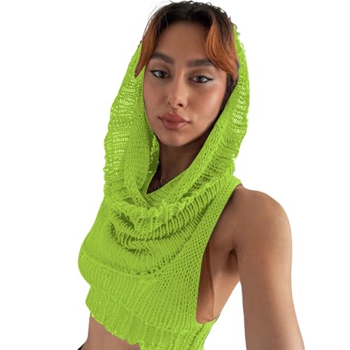 Image of Women Knitted Hoodie Sweater Vest Sexy Sleeveless Hollow Out Hooded Crop Top Streetwear Rave Oufit