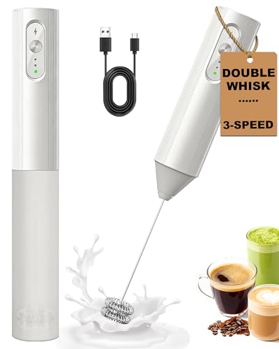 Image of 3-Speed Rechargeable Milk Frother with Cover, Dual Coil Whisk Coffee Frother Handheld - Portable Hand Frother Wand for Coffee Matcha Cappuccino & Hot Chocolate, Kitchen Gift, White