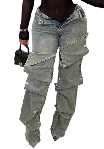 NRTHYE Women Cargo Jeans High Waisted Straight Wide Leg Jeans Pants Button Detachable Denim Cargo Trousers