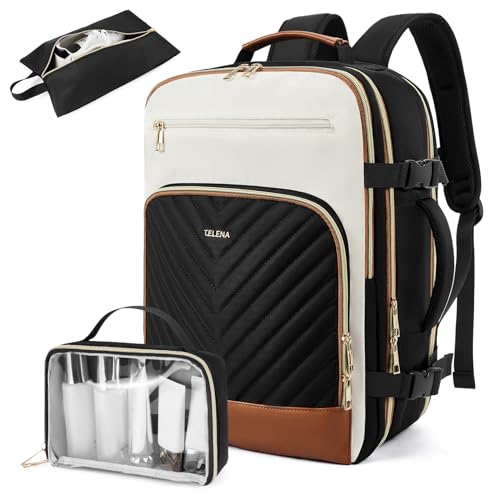 Image of Telena Travel Backpack for Women, 15.6 inch Laptop Backpack TSA Carry on Backpack Personal Item Size Flight Approved Travel Bag Daypack with Multi-Pockets for Work, Travel, Business, Black-Beige-Brown