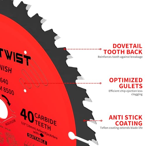 image for ENERTWIST 6-1/2 Inch 40-Tooth Circular Saw Blade,5/8 Inch Arbor with A