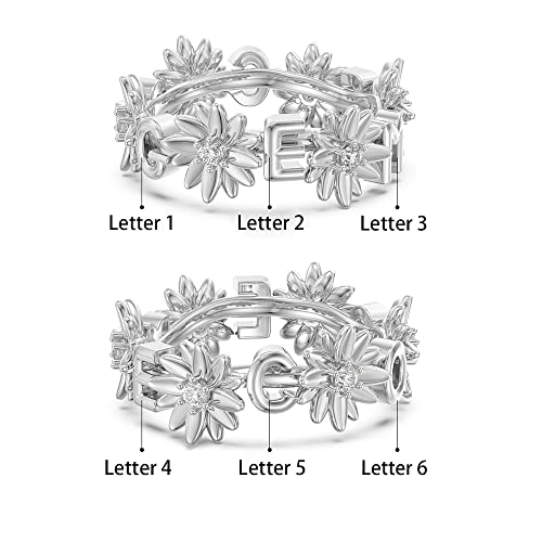 Glamcarat Sterling Silver Flower Ring - 6 Customized Letter Personalized Initials Engraved Mothers Ring Gift Idea For Her Fine Jewelry For Women, Promise Ring Floral Ring (Silver) #TOP2