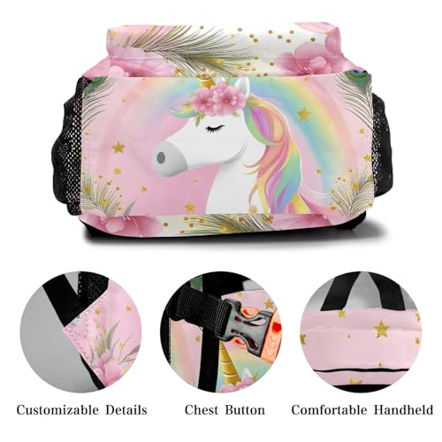 Unicorn Floral Backpack Shoulders Shopping Bag Travel Casual Daypack with Name Text4