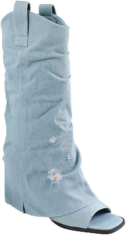 Women Fold Over Boots Wedge Heel Open Toe Mid Calf Knee High Pull-On Boots Booties