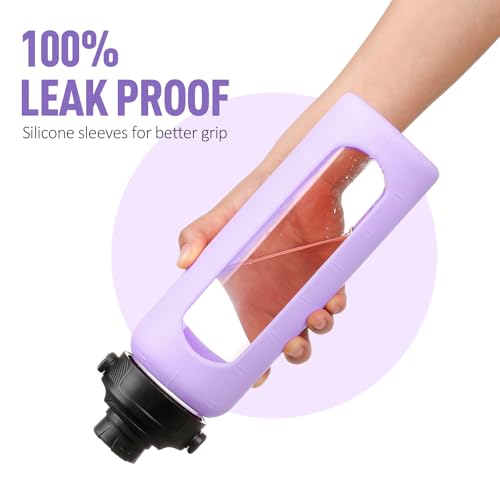 Image of 32oz Glass Water Bottle with Straw and 2 Lids, Purple
