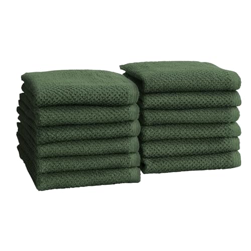 Green Washcloth- 100% Cotton 12-Pack 13x13 Wash Cloth - Absorbent, Quick-Drying, Durable Face Towels for Bathroom Decor - Low-Twist, Two-Ply Fibers (Forest Green)