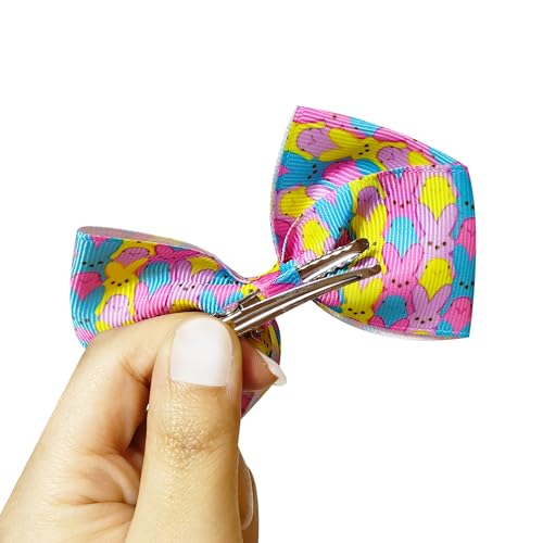 PEEPS Hair Bows Bundle - 7 Pcs 4 Inch Alligator Clips with Different Prints, Easter Bunny Themed for Girls, Toddlers 3+