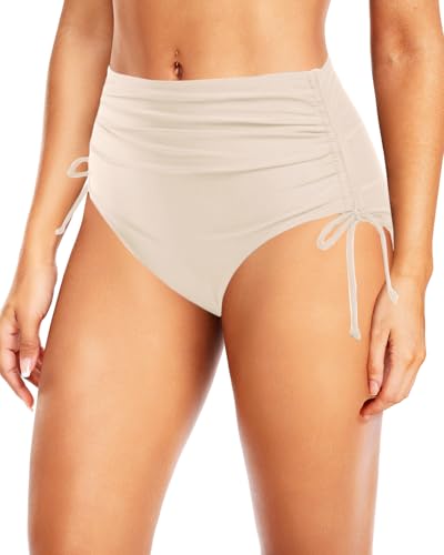 Image of Holipick Women's High Waisted Bikini Bottom | Tummy Control Ruched, Full Bum Coverage, Full Lining, Adjustable Drawstring Tie Side, Swimming, Beach