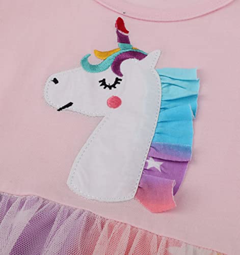 Girl Cotton Casual Tulle Dress Girl Summer Dress Sequins Cute Cartoon Pattern Dress Holiday Colorful Cotton Cute Rainbow Pony Princess Dress Knee Short Sleeves (67110 4T) #TOP2