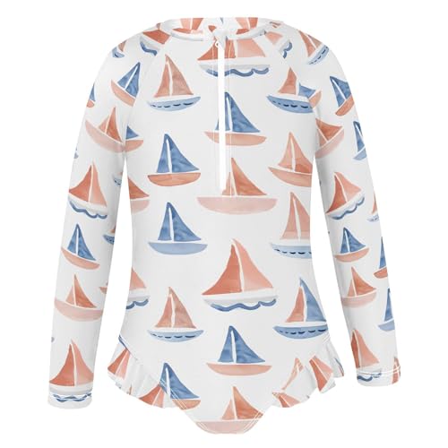 ALAZA Watercolor Sail Boat Cartoon Girls One Piece Swimsuit Long Sleeve Rash Guard Swimsuits UV 50+ Swimwear Zipper2