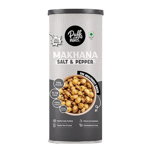 Image of Puffnuts COMBO of 4 Roasted and Flavoured Makhana | Healthy Snack | Namkeen Snacks | Puffed Snacks | Gluten Free | Cholesterol Free | Protein Rich | Fiber Rich | With Calcium & Magnesium | Roasted in Olive Oil - 308g (Pack Of 4 x 77g, Mint Masti, Peri Peri, Salt & Pepper, Tangy Tomato)