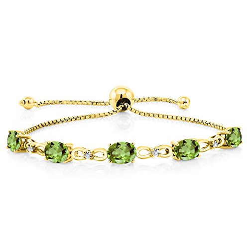 Gem Stone King 7X5MM Oval Cut Gemstone Birthstone and Accent Lab Grown Diamond Tennis Bracelet For Women In 18K Yellow Gold Plated Silver | Adjustable Bolo Bracelet For Women | Easy-On Easy-Off