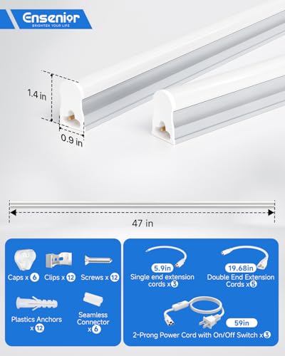 ensenior 6-pack t5 led shop lights 4ft 2000lm 6500k super bright white integrated single fixture 20w linkable utility commercial lighting for gymgarageceilingunder cabinet plug amp play
