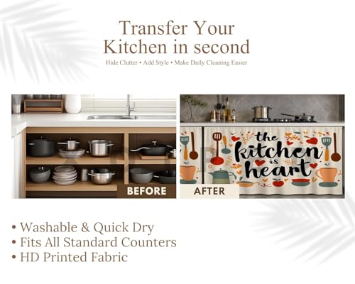 Image of Under Sink & Counter Curtain for Modular Kitchen - Printed Fabric Rod Pocket Hanging Skirt, Washable Under-Counter Cover, Panels (Each Panel: 150 x 70 cm)