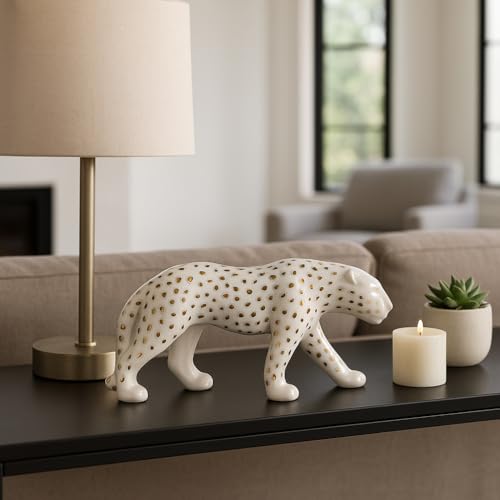 Escultura decorativa de leopardo caminando 8" blanco y dorado miniatura 2