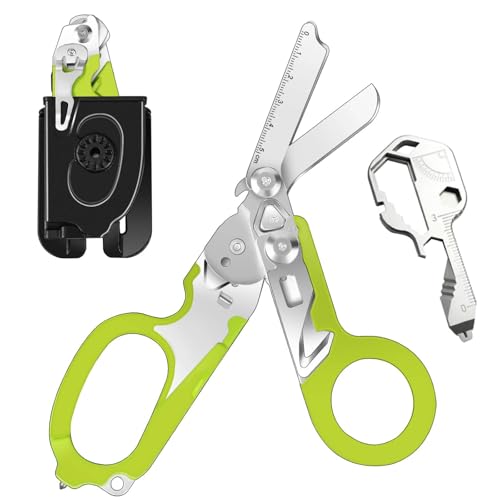 Awaiymi 6 in 1 Multifunktions-Klappbare Traumaschere mit Schere Zange & 24 in 1 Multifunktions-Schlüssel Notfall-Schere mit Gurtschneider & Glasbrecher Rettungsschere für Outdoor-Camping (Grün)