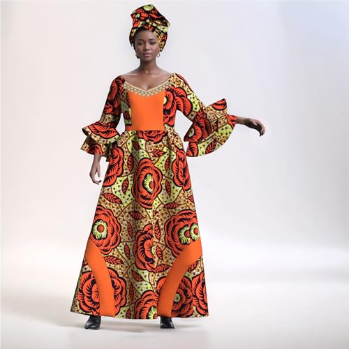 Image of iooiooi Womens African Print Party Maxi Dress Tradition Dashiki Ankara Long Dress & Headwrap