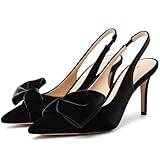 Manoloshow Women's Slingback Pumps Bow Pointed Toe Pumps with Elasticated Strap Pumps for Women 3.3" High Heels Evening Comfy Dress Shoes Velvet Black Size 9