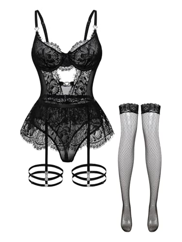 Image of Foxiny Sexy Lingerie Set 3 Piece Women Corset Bodysuit | Sheer Mesh Lace Push-Up Underwire Heart Garter Stocking Plus Size Curvy Exotic Costume Halloween Christmas Valentine's Day