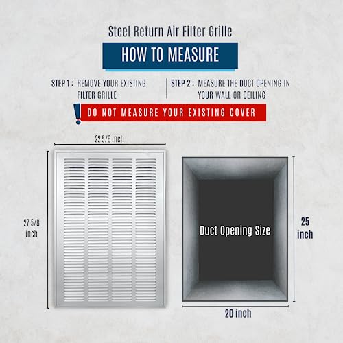 Image of Fits 20x25 Duct Opening | Steel Return Air Filter Grille by Handua [Removable Door] for 1-inch Filters | Vent Cover Grill | White | HVAC Cold Air Intake Grille | Out Dim: 22 5 /8 inchW X 27 5 /8 inchH