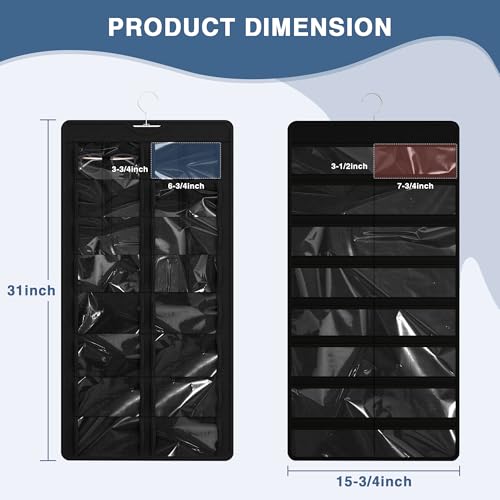 Hanging Sunglasses Organizer and Storage, Dual-Sided Sunglasses Case and Jewelry Holder, Wall-Mounted, 32 Clear Slots, Dust-Proof, Roof Design for Travel, Black