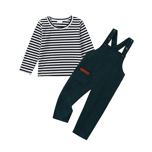 WESIDOM Toddler Boy Clothes Fall Winter Outfit Toddler Overalls 2-3T, Striped Long Sleeve Top Romper with Adjustable Straps (Green)