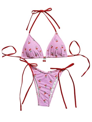 Conjunto bikini con estampado cereza rosa y lazos laterales en talla mediana