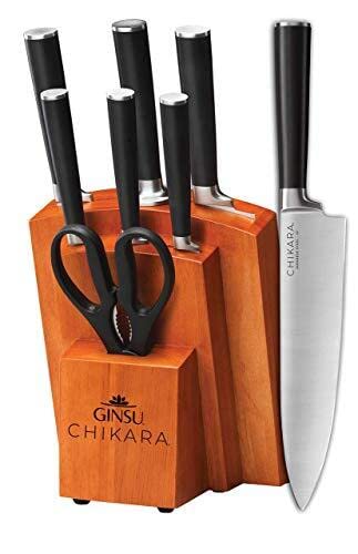 Ginsu Gourmet Chikara Series Forged 8-Piece Japanese Steel Knife Set – Cutlery Set (7 Stainless Steel Kitchen Knives(420J) + 1 Finished Hardwood Block)07138Ds #TOP9