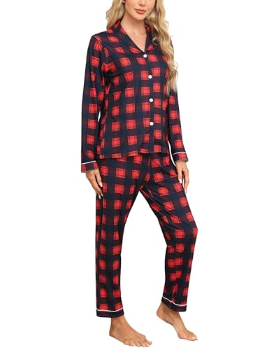Womens Pajama Sets Long Sleeve Button Down Sleepwear 2 Piece Soft Pjs Nightwear Comfy Pj Set with Pockets