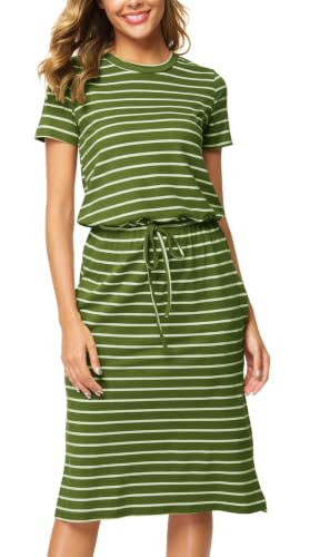 Image of Simier Fariry Womens Summer Hide Belly Knee Length Travel Dress Pocket Short Sleeve Midi Work Casual Outfits