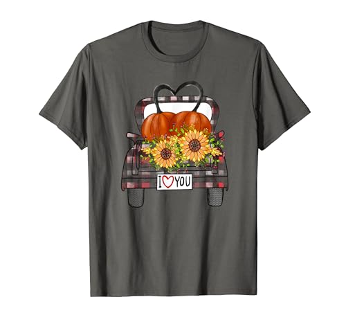 I Love You Carino Cuore Plaid Truck con zucche e girasoli Maglietta