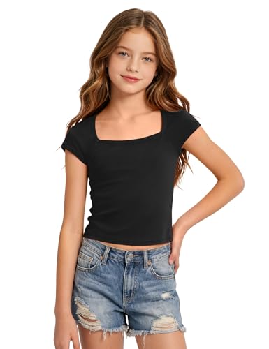 Image of Crop Tops for Girls Short Sleeve Shirt Girls Summer Tops Square Neck Slim Fit Tops Basic Tee