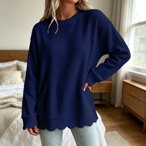 Womens Scalloped Top Waffle Knit Top Long Sleeve Crewneck Pullover Blouse - image 3