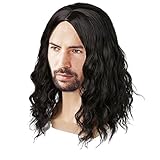 IEBIYO Men Wig Black Shoulder Length Curly Male Wig Middle Part Mens Black Wig Cosplay Halloween Party Wig (Black)