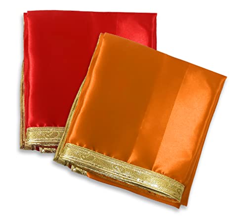 Image of Pooja Cloth for Mandir, Satin Pooja Cloth, Decoration Clothe for Temple, Mandir Ka Kapda, Red Cloth for Puja, Orange Pooja Clothe, 1 Meter Pooja Clothe (Red & Orange)