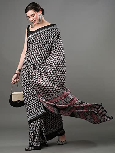 Image of SAREE MALL Women's Ajrak Block Print Dola Silk Saree With Unstitched Blouse Piece