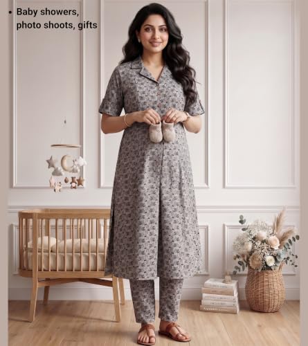 Image of DUMMY SHAPE Feeding Dresses for Women Full Set | Cotton Blend Maternity Kurta Pant Suit with Dual Nursing Zippers, Side Pocket to Pre & Post Pregnancy | Mom to Be Gifts
