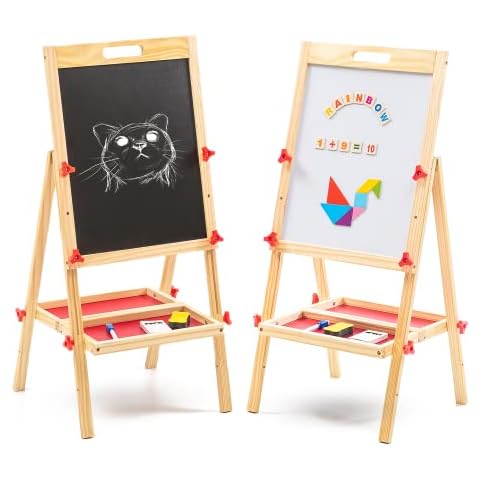 BLADO Wooden Easel Double Sided Children Drawing Board Chalkboard Easel Comes with Magnetic Alphabet and Numbers for Toddlers 2 in 1 Wooden Easel (89cm) Cover