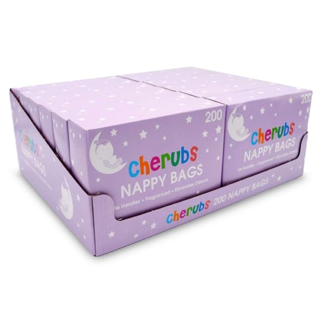 Bazaarist Cherubs Nappy Bags – Pack of 200 | Fragranced Disposable Nappy Sacks for Hygienic & Odour-Free Diaper Disposal | Leak-Proof, Easy-Tie Baby Changing Bags (1)