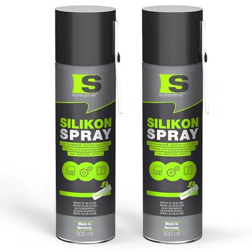 Spraytive 2 x 500ml Silikonspray - Schmiermittel & Gleitspray für Auto, Gummi, Kunststoff & Metall - Farblos, wasserabweisend, rückstandsfrei - von -50 °C bis +250 °C - Made in Germany Spraytive 2 x 500ml Silikonspray - Schmiermittel & Gleitspray für Auto, Gummi, Kunststoff & Metall - Farblos, wasserabweisend, rückstandsfrei - von -50 °C bis +250 °C - Made in Germany