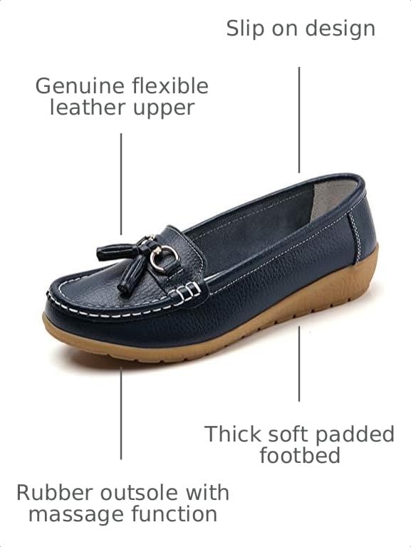 Image of Women Loafers Leather Rubber Sole Slip On Walking Flats Casual Moccasin Boat Shoes