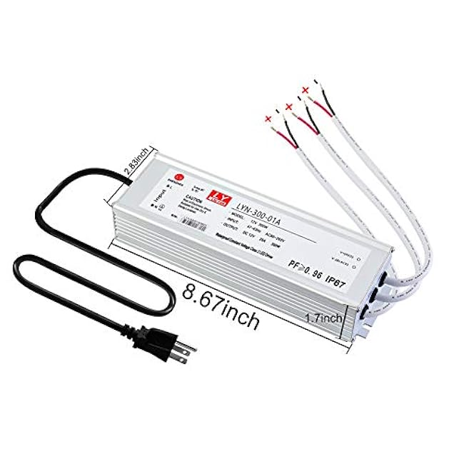 LED Driver 300 Watts (100W X3) 25A Waterproof IP67 Power Transformer Adapter 90-265V AC to 12V DC Low Voltage Output, With 3-Pin Plug 3.3 Ft Cable for Lighting Outdoor Light and Any 12V DC