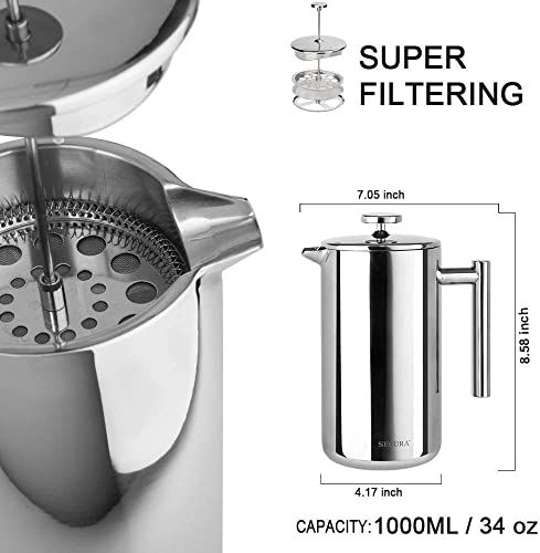 Secura Stainless Steel French Press Coffee Maker 18/10 Bonus Stainless Steel Screen (1000ML)