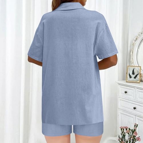 Women 2 Piece Outfits Summer Short Sleeve Top and Shorts Sets Lounge Sweatsuit Casual Cotton Linen Shorts Set2