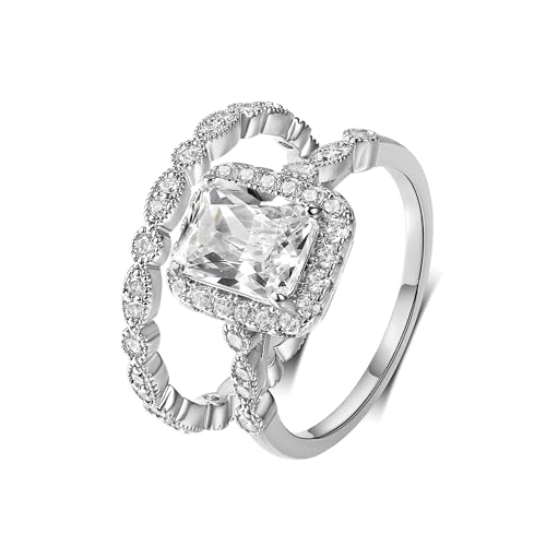 MDFUN Two-in-One Rectangle Cut Halo Engagement Rings Promise Ring Wedding Bands Set 18K White Gold Plated Rectangle Cubic Zirconia Eternity Band for Women Size 5-10 - Main Image