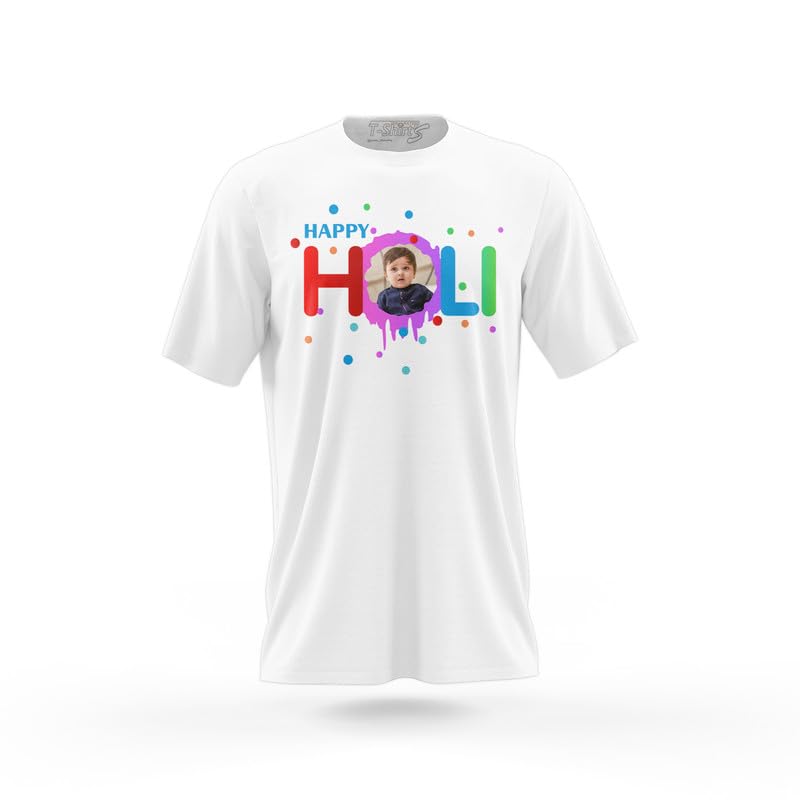 THE HATKE STORE Personalized Custom Photo/Name Print Holi Tshirt for Kids/Baby/Men/Women Regular Fit,Holi Tshirt for Family Printed Round Neck Polyester White Color Unisex Tshirt,D11