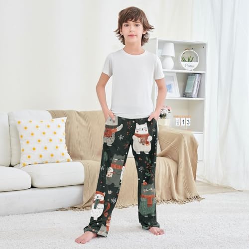 Xmas Cat Berry Boys Long Pants Soft Trousers Elastic Waist Kids Lounge Bottoms with Pockets S-XL 6