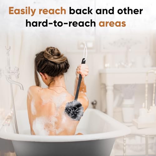 Image of Vega Luxury Black Bath Brush with Long Handle | Ultra Soft & Firm Bristles | Body Scrubber for Dead Skin Removal, Back & Full Body Cleaning | Exfoliating Back Bath Brush for Men & Women (BA-1 /8)