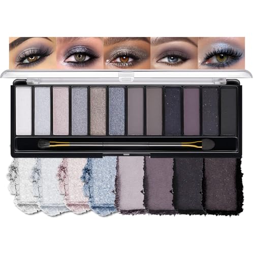 Kinretixia Lidschattenpalette mit 12 Farben in kühlen Tönen – Matt, Schimmer und Glitzer, Graublaues Augen-Make-up-Set Wasserfeste Palette mit hoher Pigmentierung